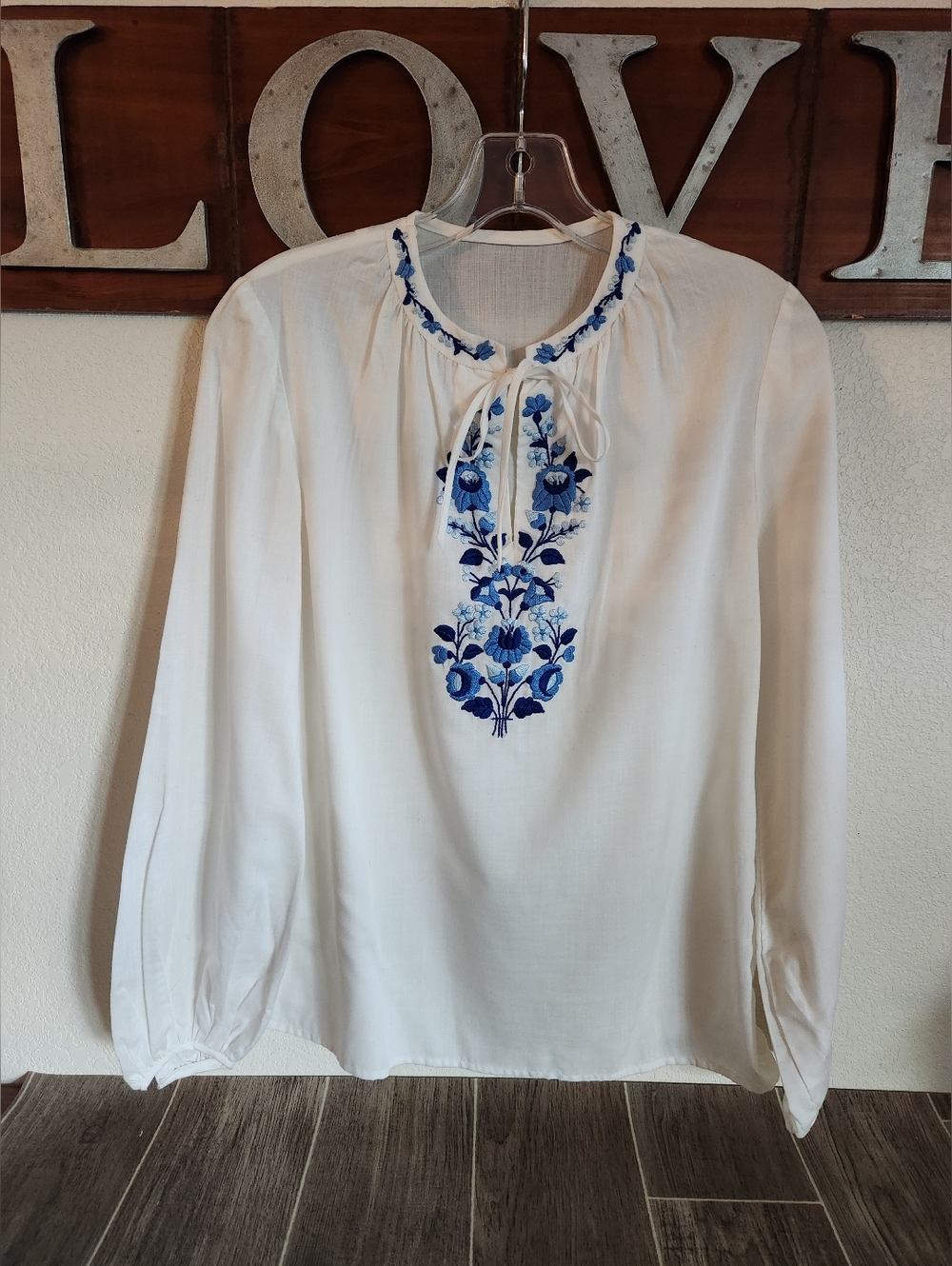 Women's White Peasant Blouse with Blue Embroidery